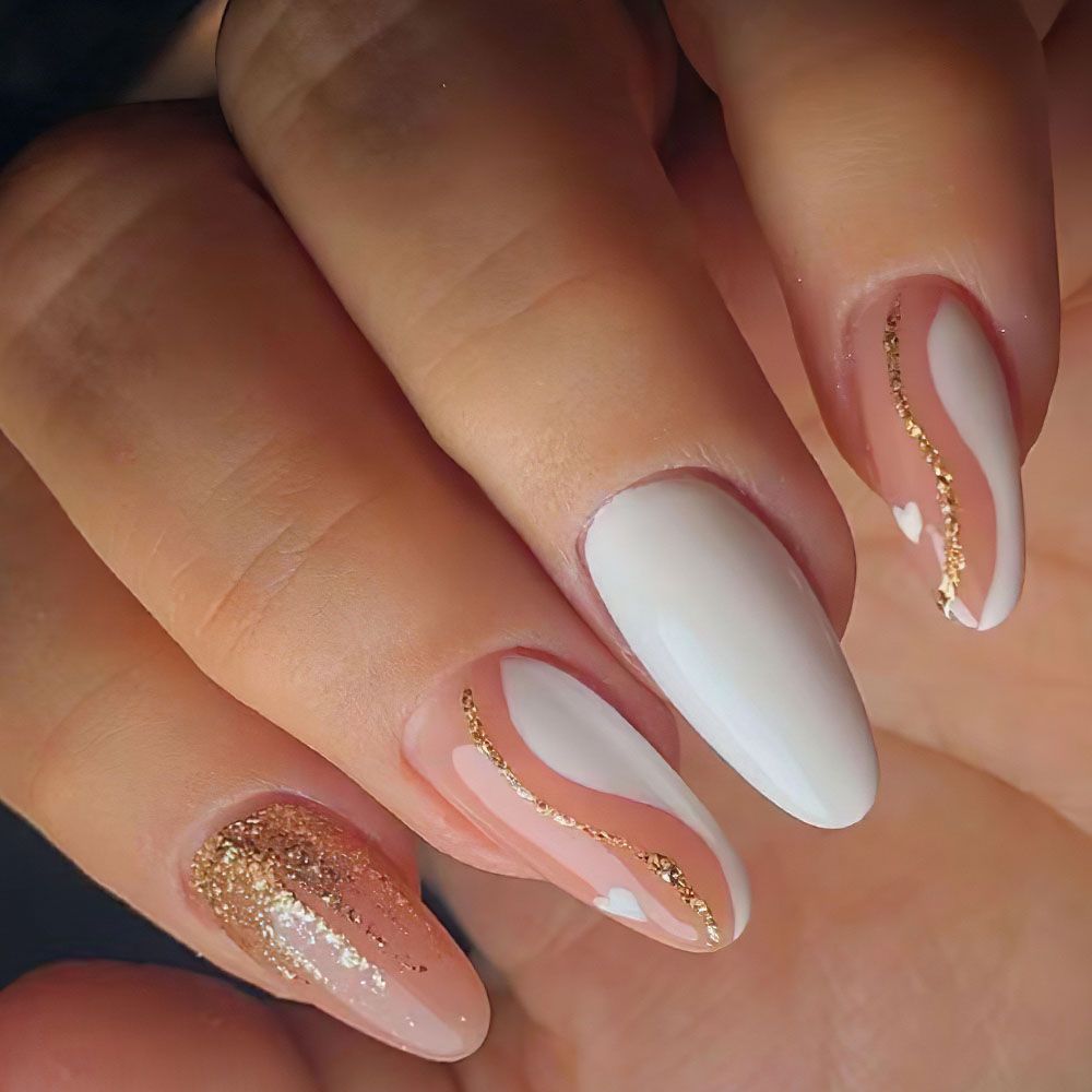 Valentine's Day long almond shaped platinum line nail art French white border wave leopard print gold powder wearing nail art heart-shaped nail art sheet