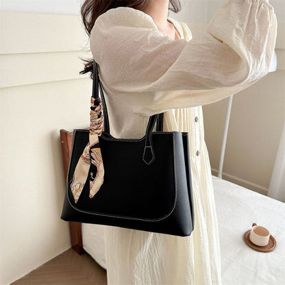 Ladies Classic Handbag Women Black Bag Ribbon Decoration Bags PU Synthetic Leather Bag
