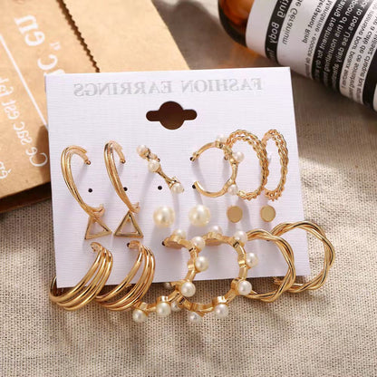 Elegant Jewelry 9 Pieces! Earrings Pearl c Shape Rhinestone Hoop Earrings Geometric Big Stud Earrings Set Girlfriend Gift Valentine Earrings Attractive Earrings