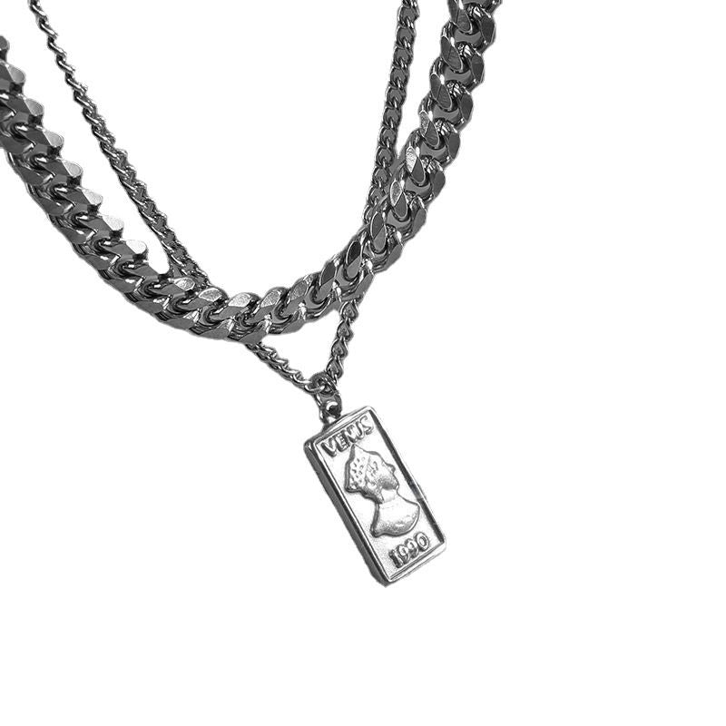 Necklace, male love goddess Venus, double-layer trend, niche, simple, personalized accessory, female layering, Cuban cool style accessory