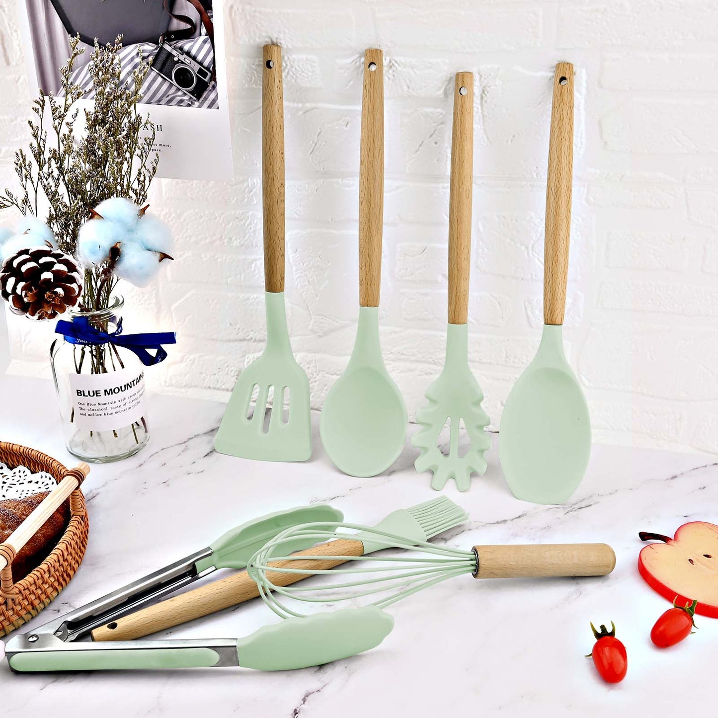 800g 12Pcs Set Wooden Handle Silicone Kitchen Utensils High Quality Silicone Kitchen Utensils Non-stick Pan Cooking Spatula Baking Storage Tool
