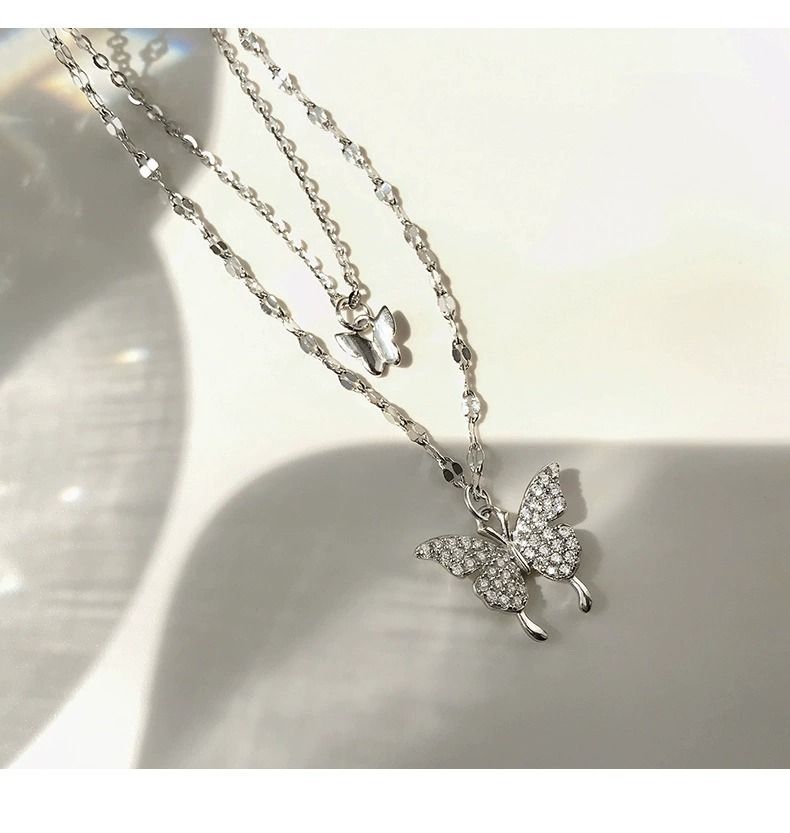 Double-layer Butterfly Necklace Female Necklace Niche Temperament Simple New Style Advanced Design Titanium Steel Does Not Fade