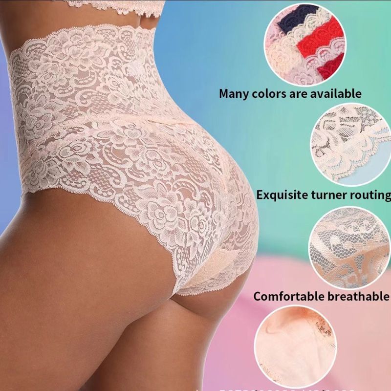 SizeL-2XL 3PCS women's high-waist-tuck lace panties Ladies' hip lift lace breathable lingerie transparent cotton crotch mesh briefs underwear