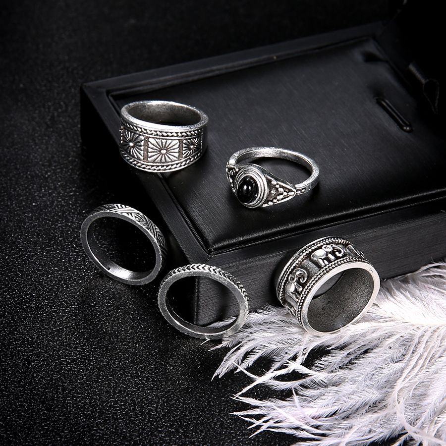 Popular joint rings European and American bohemian style totem black gemstone 5-piece rings