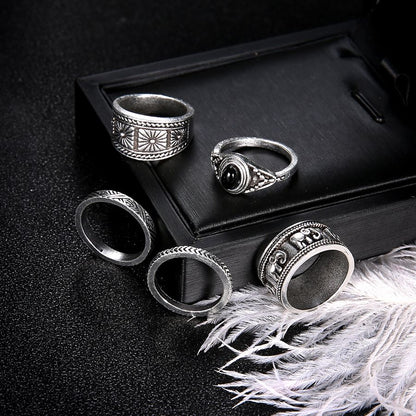 Popular joint rings European and American bohemian style totem black gemstone 5-piece rings