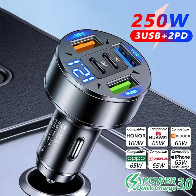 250W 5 Ports Car Charger LED Display Fast Charging PD QC3.0 USB C Car Phone Charger Type C Adapter In Car For IPhone Samsung Xiaomi TECNO Infinix itel