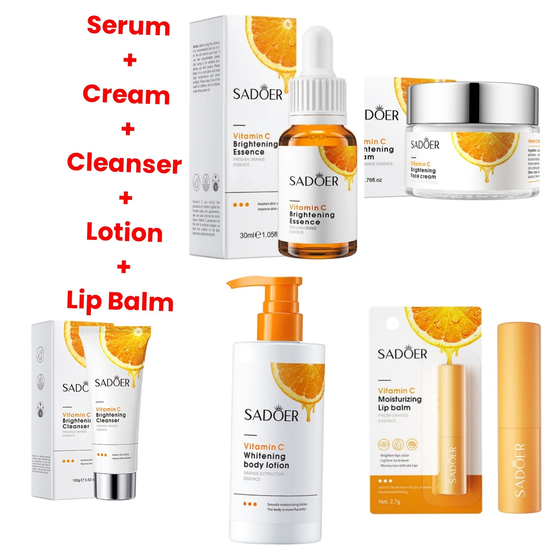 5 in 1 SADOER Set Vitamin C Cleanser + Face Cream + Face Serum + Body Lotion + Vitamin C Lip Balm Brightening Skin Care Revitalize your skin with our skincare routine set, designed to rejuvenate