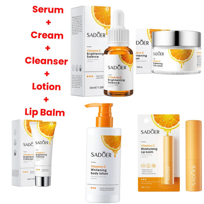 5 in 1 SADOER Set Vitamin C Cleanser + Face Cream + Face Serum + Body Lotion + Vitamin C Lip Balm Brightening Skin Care Revitalize your skin with our skincare routine set, designed to rejuvenate
