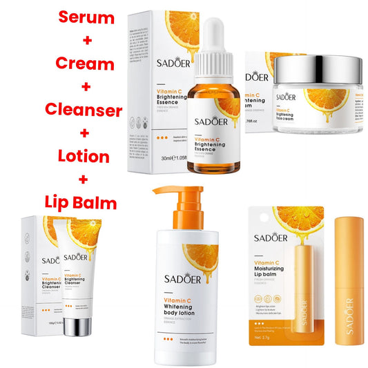 5 in 1 SADOER Set Vitamin C Cleanser + Face Cream + Face Serum + Body Lotion + Vitamin C Lip Balm Brightening Skin Care Revitalize your skin with our skincare routine set, designed to rejuvenate