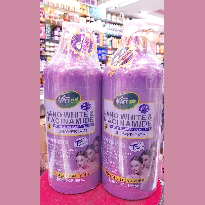 Two bottles of Veet Gold Nano White & Niacinamide Shower Bath