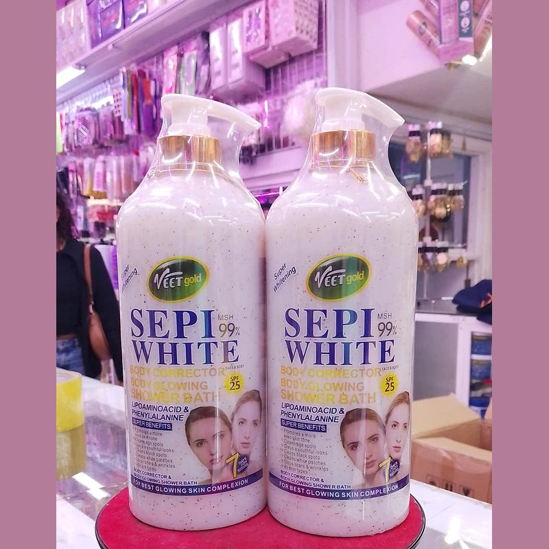 Two bottles of Veet Sepi White body corrector on a pink stand with a store background.