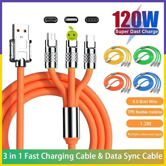 6A 120W 3 In 1 Charging Cable USB Fast Charger Cable For iPhone Micro USB Type-C Charging Cable For Huawei Samsung Xiaomi Wird Cord