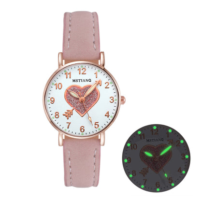 Ladies Watches Hearts Quartz Watch Back Light Watch Diamond-studded Luminous Casual Leather Belt Watches Simple Ladies Exquisite Small Dial Quartz Clock Dress Wristwatches Gift For lady