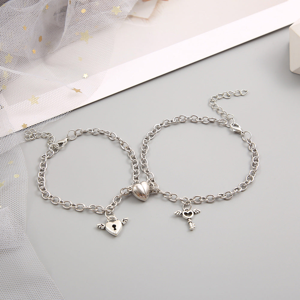 Couple Bracelets Magnetic Buckle Lovers Bracelets Fashion Love Key Lock Design couples Wrist Chain Bracelet Heart Couple Bracelet