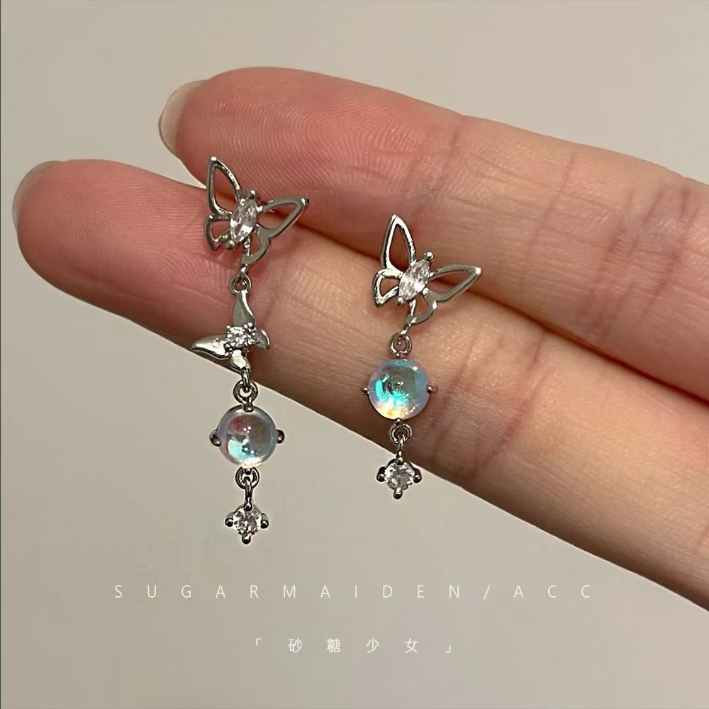 Super fairy Astral bow zircon earrings asymmetrical pendant earrings advanced touch temperament earrings female
