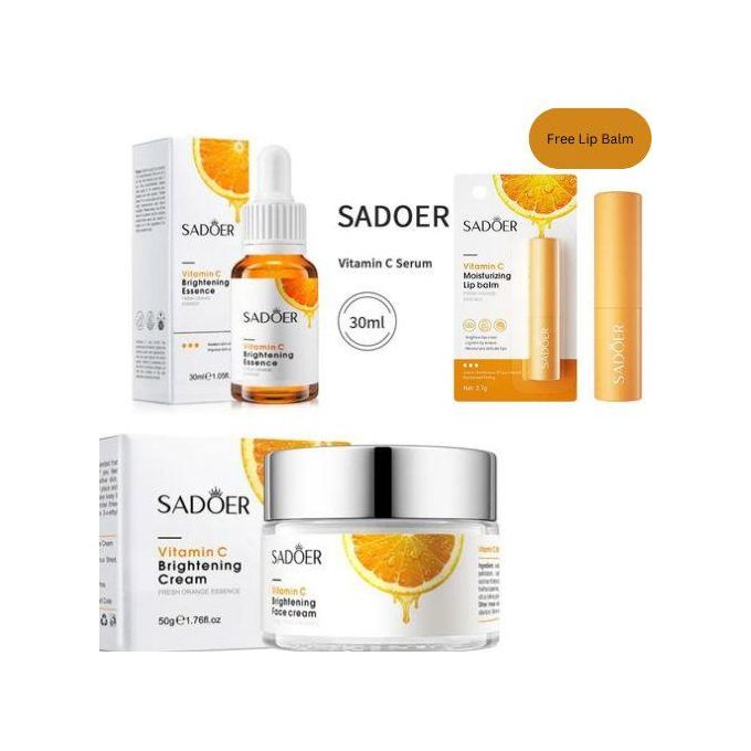 Vitamin C Brightening Face Serum + Cream + Free Lip Balm Gift Skin Care Set