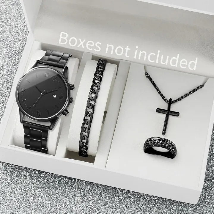 4PCS Men's Watch Set Black Men's Calendar Watch Titanium Steel Rings Bracelet Necklace Black Cross Necklace Set Not Easy to Fade Daily Wear Business Leisure