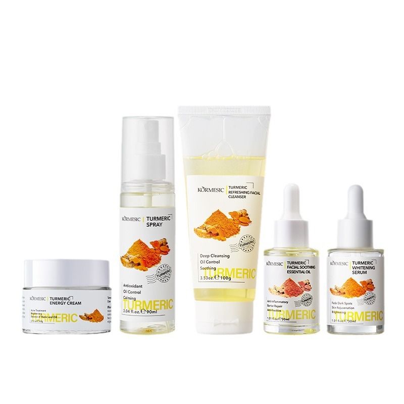 KORMESIC Turmeric 5-Piece Oil-Control & Brightening Skincare System - Antioxidant Cleanser, Balancing Cream Dark Spot Serum + Soothing Oil & Mask Anti-Inflammatory, Fades Acne Marks & Repairs Barri