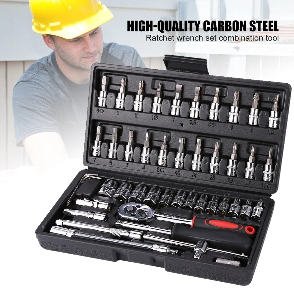 46pcs Socket Wrench Set Ratchet Spanner Batch Head Pawl Socket Screwdriver Multi-functional Car Repair Tool Professional Mechanical Workshop Tools Kit Motorcycle