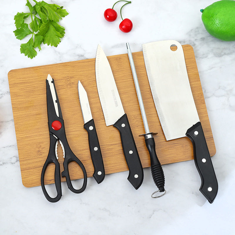 6PCS/Set Knife Cutting Board Set Kitchen Knife Scissors Fruit Knife Household Bamboo Cutting Board Knife sharpener Kitchen Tools Kitchen Gift