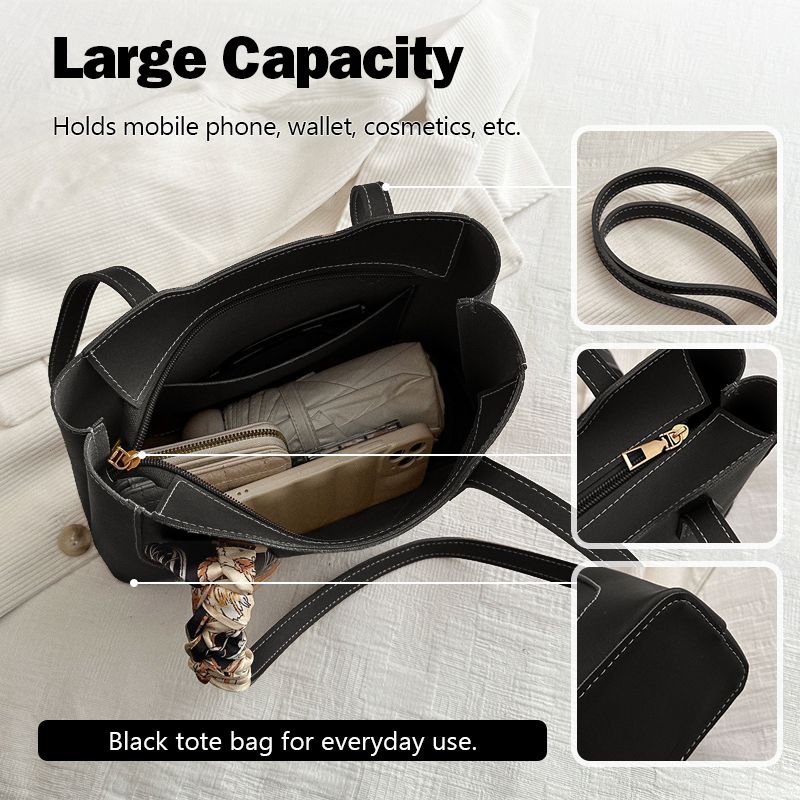Ladies Classic Handbag Women Black Bag Ribbon Decoration Bags PU Synthetic Leather Bag