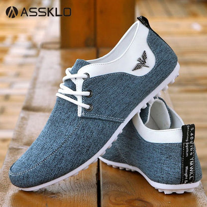 ASSKLO Men Canvas Shoes Men's Bean Shoes Man Sneakers Sports running Shoes Casual Flat Loafers rubber flats shoe Heels Low Top Canvas Lightweight Comfortable Walking Working Driving Cloth Shoes Blue