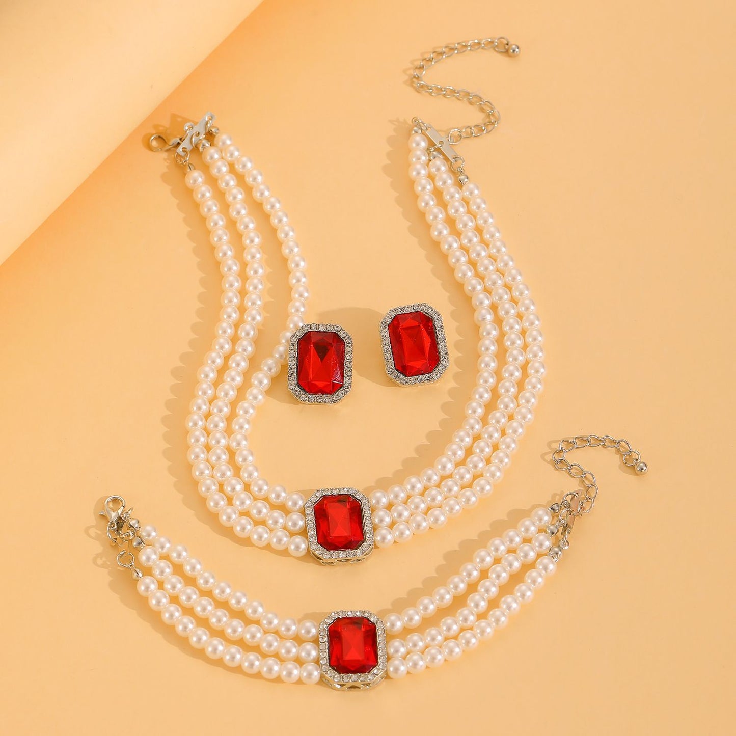 European American New Fashion Hot Sale Choker Necklace Personality Pearl Beaded Charms Court Style（Necklace+Bracelet+Earring ）Jewelry Set for Woman