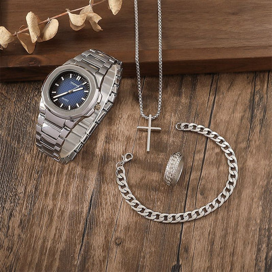 Men's Fashion Business Watches 4-Piece Set: Calendar Quartz Watch, Silver Cross Pendant Necklace, Ring and Bracelet - The perfect gift for him