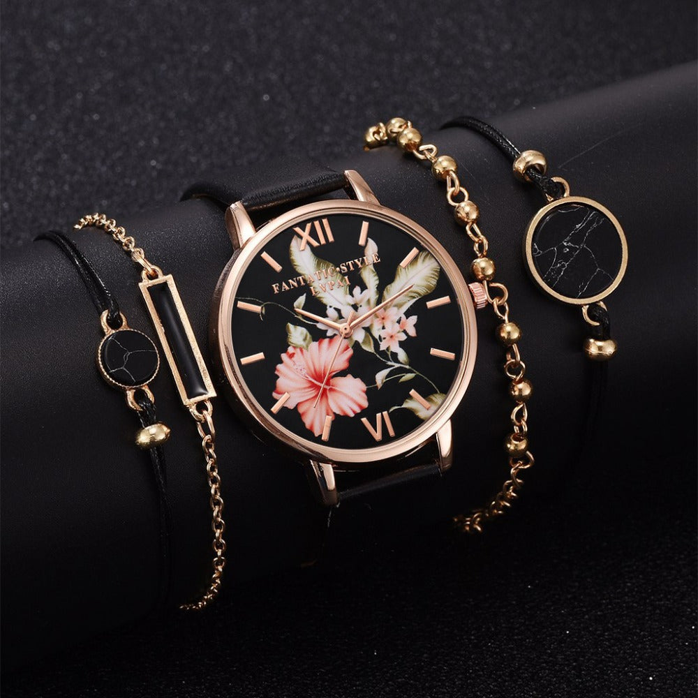 Lvpai 5pcs set Women Watches Bracelet Black Ladies Bracelet Flowers Butterfly Dial Women Watches Leather Band Watch Casual Leather Quartz Wristwatch Gift For Girlfriend