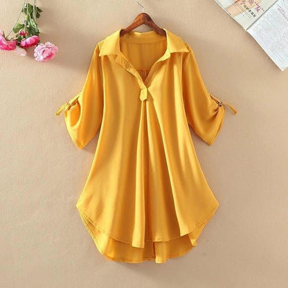 1 PC Medium To Long Shirt Short Sleeve Top Lady Shirt Short Sleeved Chiffon Shirt For Women In Plus Size Loose Fit Waist Cinching Slimming Chiffon Top Lady Wear Trendy
