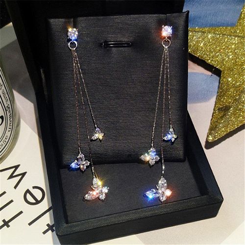 1-pair 925 silver electroplating earrings stu long tassel zircon three butterfly earrings fashion lady style
