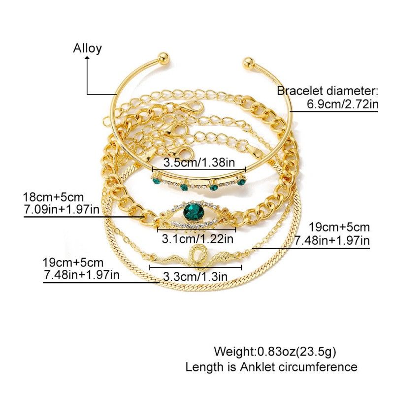 4PCS Bracelets For Women Retro Inlaid With Green Diamonds Bracelet Vintage Chain Link Adjustable Women Jewelry Set Jewelry Gift for Girls