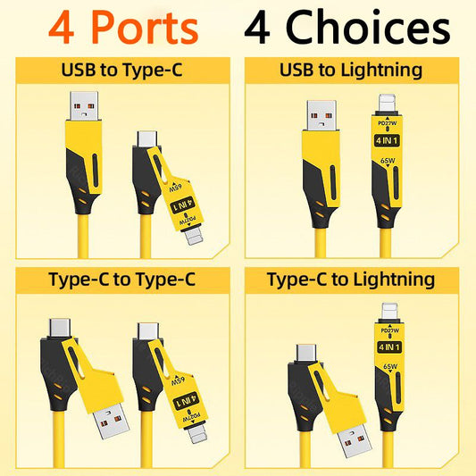 RichRipple 4 in 1 65W 1.5M Fast Charging Cable USB Data Cables Suitable For IPhone Xiaomi Tecno Huawei Samsung Charger Liquid Silicon Type-C Micro Lighting Charging Cable