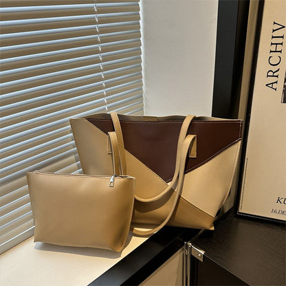 2 In 1 Ladies Handbags Pouch Bags Set Large Capacity Tote Bag Small Bag PU synthetic leather Color-Block Bag