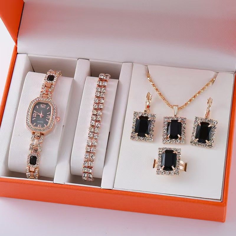 Ladies'Watch Square Inlaid Diamond Steel Strap Ring Necklace Earrings Double Row Full Diamond Bracelet Set Exquisite Elite Elegant Ladies' Casual Diamond Quartz Watch Jewelry Set For Gift Daily Wear
