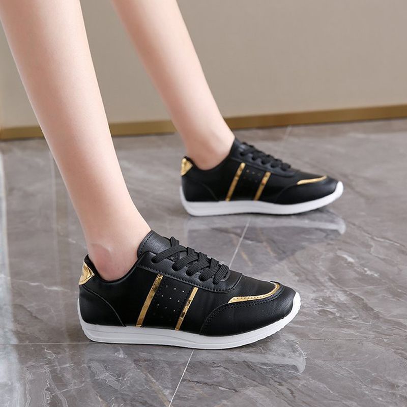 Size 38-42 women's PU artificial leather shoes students black shoes ladies running shoes girls board shoes athletic flat fashion casual sports shoes black golden