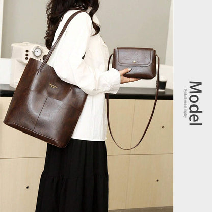 2 In 1 Ladies Classic Handbag Cross-body Bag Set High Quality PU Bags - Brown 2 In 1 Ladies Classic Handbag Cross-body Bag Set High Quality PU Bags - Brown
