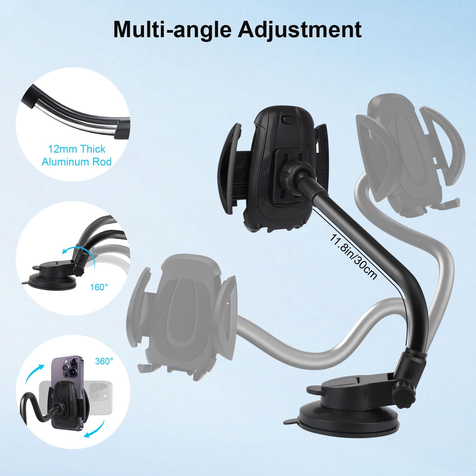 Car Phone Holder, 14in Long Arm Cell Phone Car Mount, Anti-Shake Windshield Dashboard Cradle for 4.0-6.8in Phones