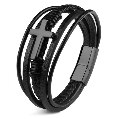 Cross leather bracelet for men multi-layer hand woven rope magnetic buckle genuine leather bracelet