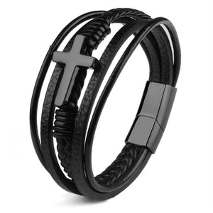 Cross leather bracelet for men multi-layer hand woven rope magnetic buckle genuine leather bracelet