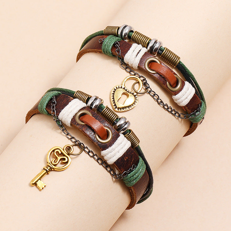 New 2PCS/Set Lovers Key Bracelet Lock Key Couples Bracelets His & Hers Leather Bangles Men Jewellery Valentine's Day Gift