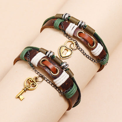 New 2PCS/Set Lovers Key Bracelet Lock Key Couples Bracelets His & Hers Leather Bangles Men Jewellery Valentine's Day Gift