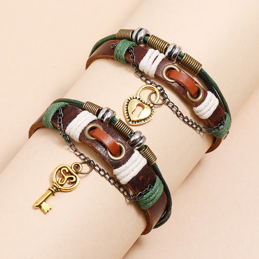 New 2PCS/Set Lovers Key Bracelet Lock Key Couples Bracelets His & Hers Leather Bangles Men Jewellery Valentine's Day Gift