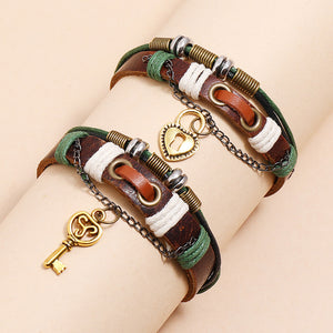New 2PCS/Set Lovers Key Bracelet Lock Key Couples Bracelets His & Hers Leather Bangles Men Jewellery Valentine's Day Gift