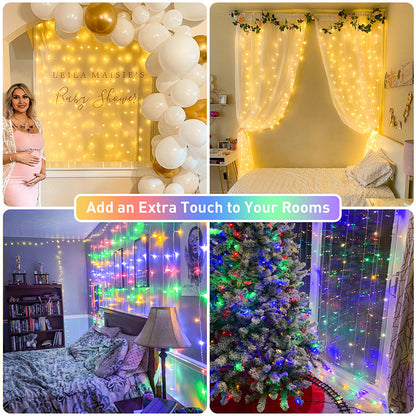 LED Curtain Lights, String Lights Bedroom, 300 LED 9.8x9.8Ft Twinkle String Light Decorations for Window Wedding Bedroom Wall Party Backdrop, Cute Home Indoor Outdoor Decor 8 Modes USB Remote Control