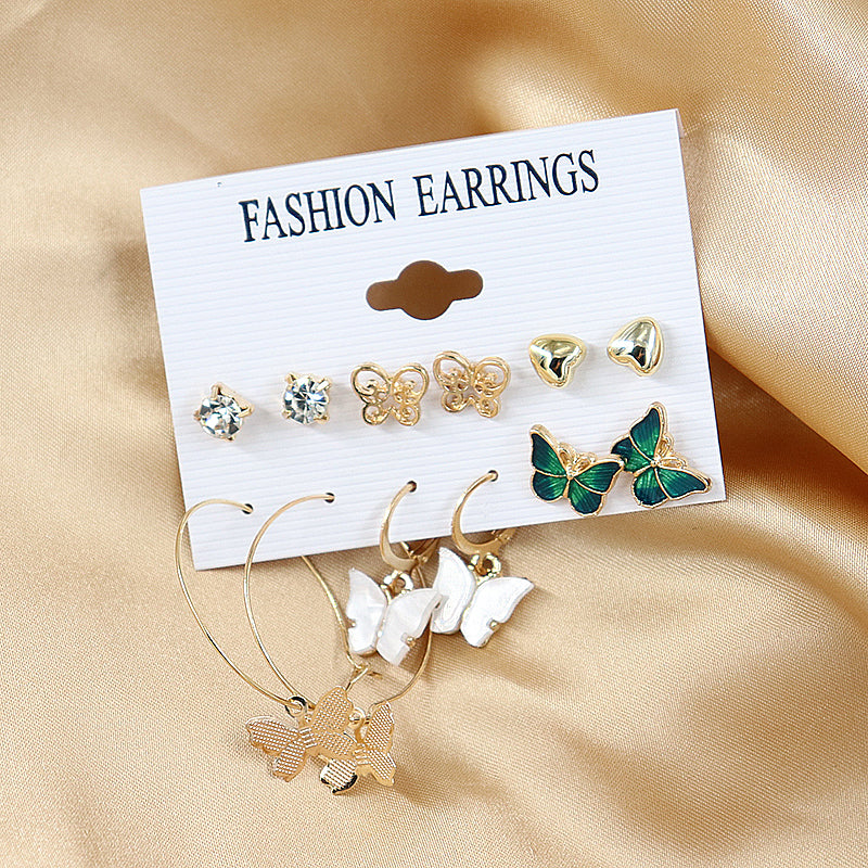 6 Pieces / set Jewelry Love Diamond Stud Earrings Butterfly Stud Earrings Gold Amazon Hot Selling as picture