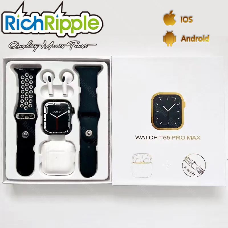 RichRipple 2 in 1 T55 Pro Max Smart Watch TWS Earphone in One Double Strap BT Call Smart Watches Reloj 1.44 Inch Screen T55 Pro Max SmartWatches