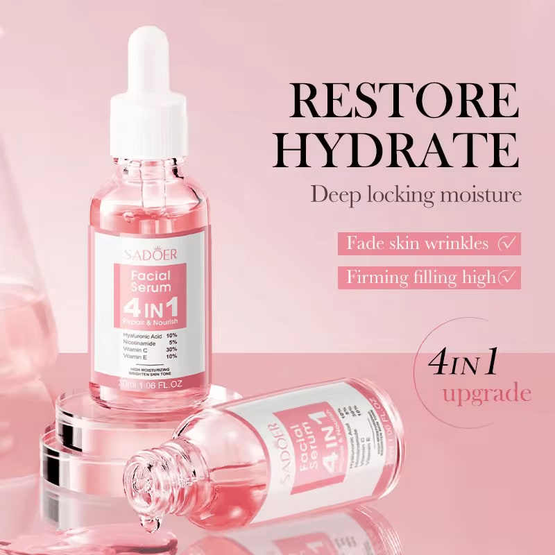 SADOER 4 in 1 Facial Serum with Hyaluronic Acid, Nicotinamide, Vitamin C and Vitamin E, High Moisturising and Brighten Skin Tone, Rejuvenates, Whitens Blemishes and Dark Spots