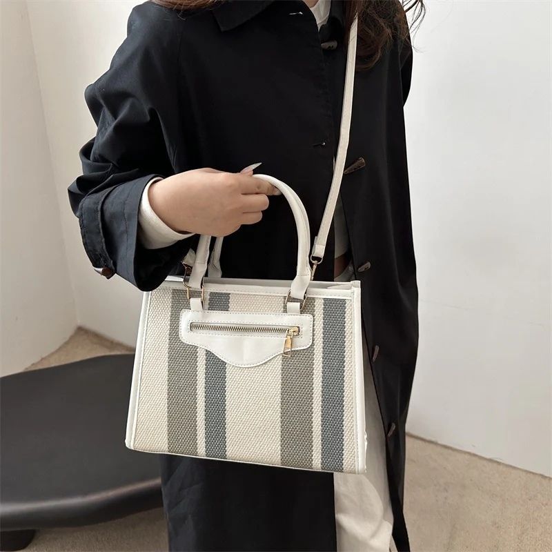 Mateamoda Elegant Striped Tote Bag with Rich Leather Accents Crossbody Bag Underarm Handbag