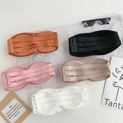 Women Strapless Ruched Push Up Bra Padded Hollow Out Backless Wireless Underwear Bandeau Thread Ribbed Adjustabable Bralette Lingerie